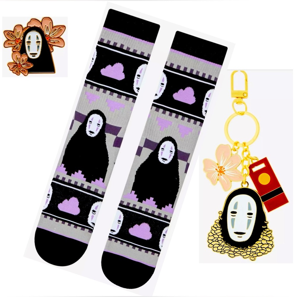 Studio Ghibli Spirited Away No-Face Bundle: Enamel Pin, Crew Socks, Keychain